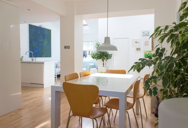 Apartamento pequeno com integração de ambientes cozinha aberta, sala de jantar pequena e sala logo ao lado. Com estilo minimalista e uso de plantas no local. 
