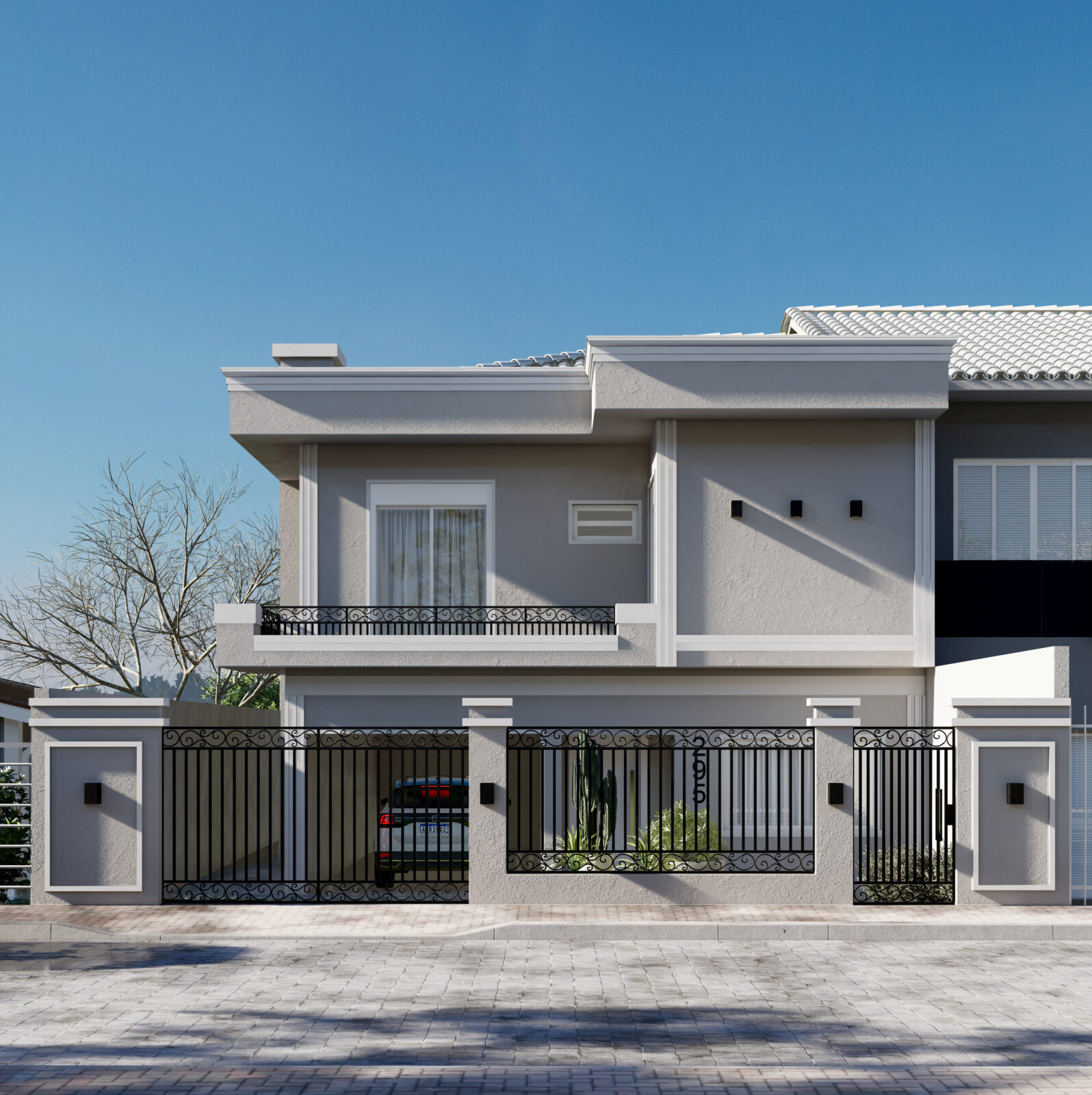 Fachada de casa reformada com portão moderno e acabamentos em tons neutros.